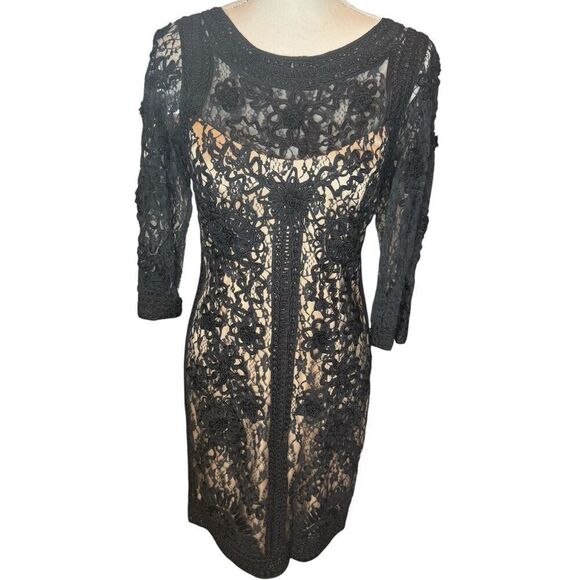 Sue Wong Black Heavily Embroidered Lace Dress Lined 3/4 Sleeve Cocktail Sz 10 - Picture 1 of 9